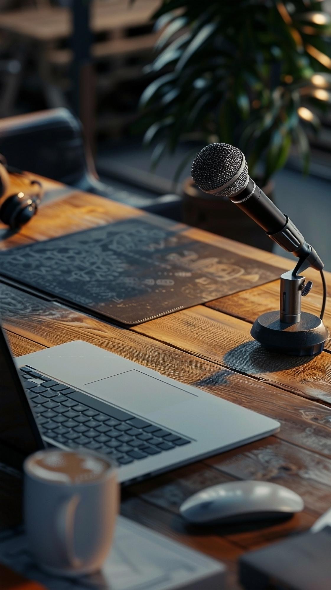Editorial workspace with notes and microphone